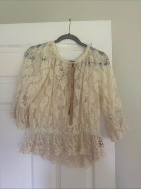 Sheer Lace Tie-Neck Women's Top in Cream
